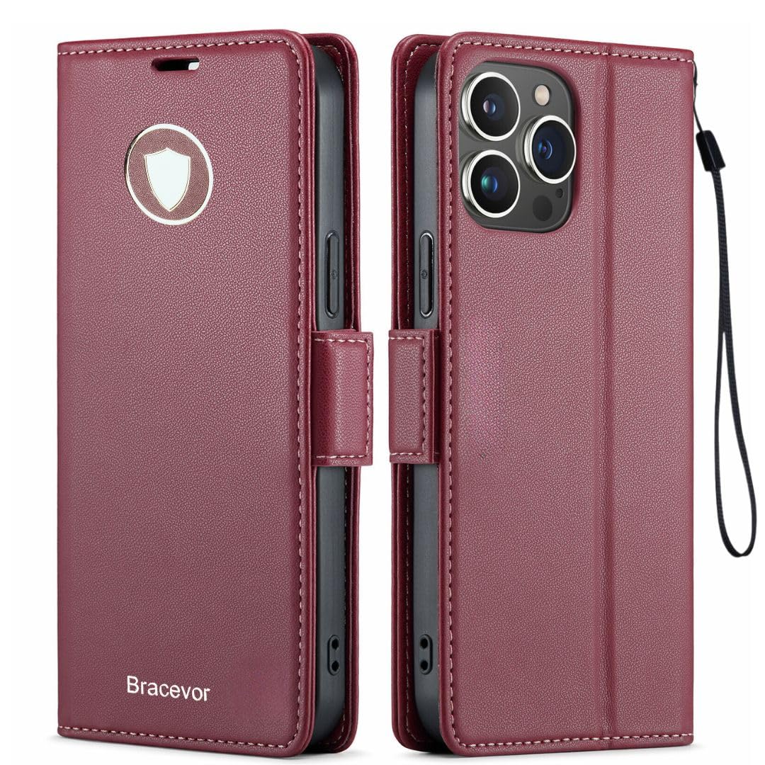 Bracevor Premium Design Flip Cover leather wallet case foriphone 14 pro Red 1